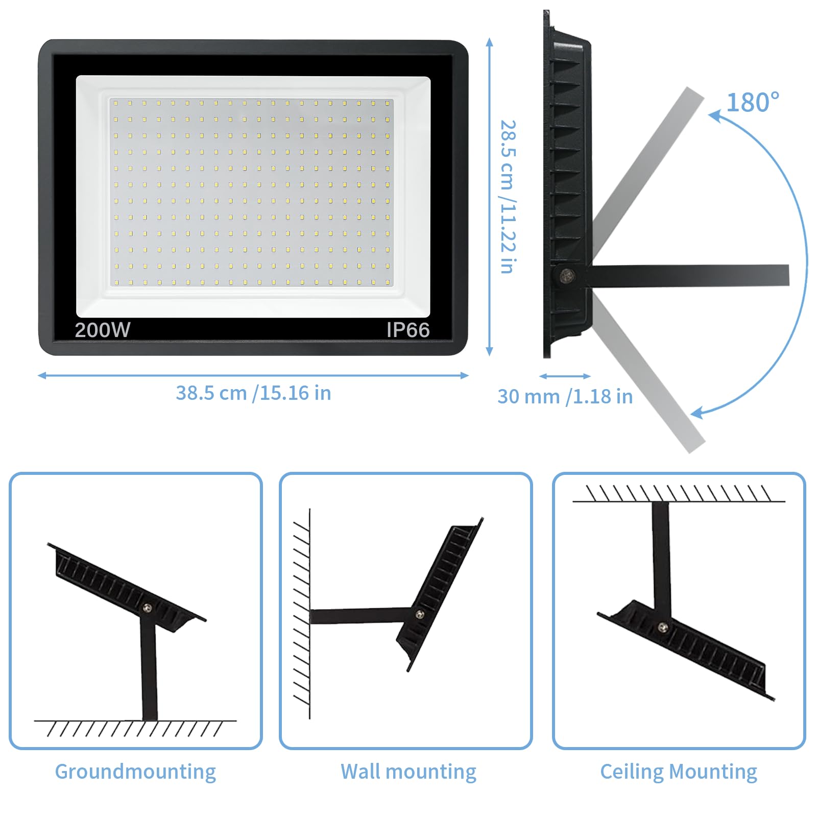 Led Spotlight Outdoor 200W, IP66 Waterproof, 3000K Floodlight for Home Garage, Courtyard, Patio, Field - Image 2