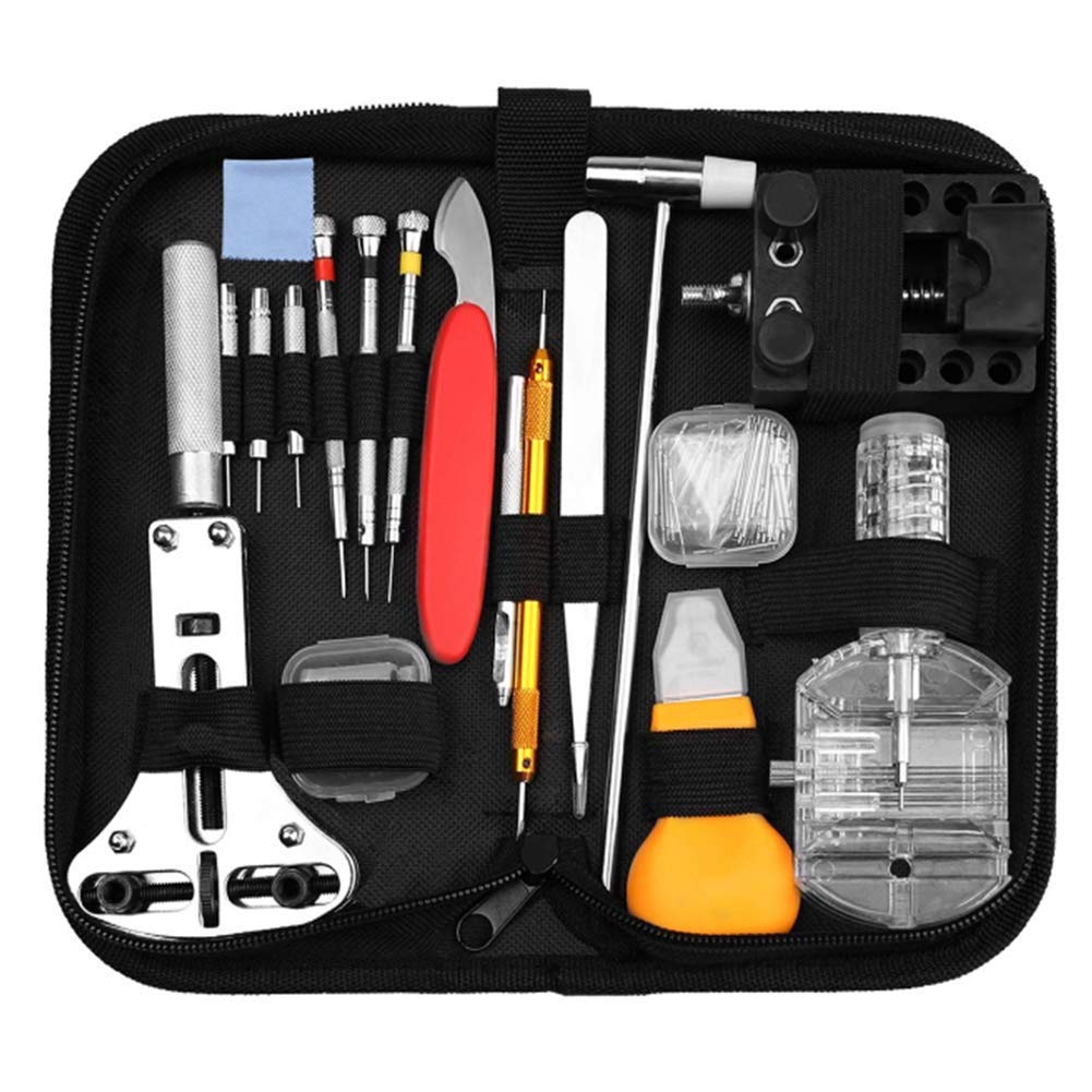 Uhrenreparaturset, Uhrenbatterie-Austauschwerkzeug, Gliederentferner, Uhrenarmband-Werkzeugset mit Tragetasche, Uhrengehäuseöffner, Federstegwerkzeuge for die Uhrenreparatur