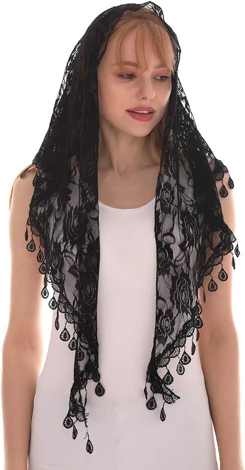 Triangle Lace Shawl Mantilla Veil Lightweight Tassel Scarf Fashion Floral Shawls and Wraps for Women