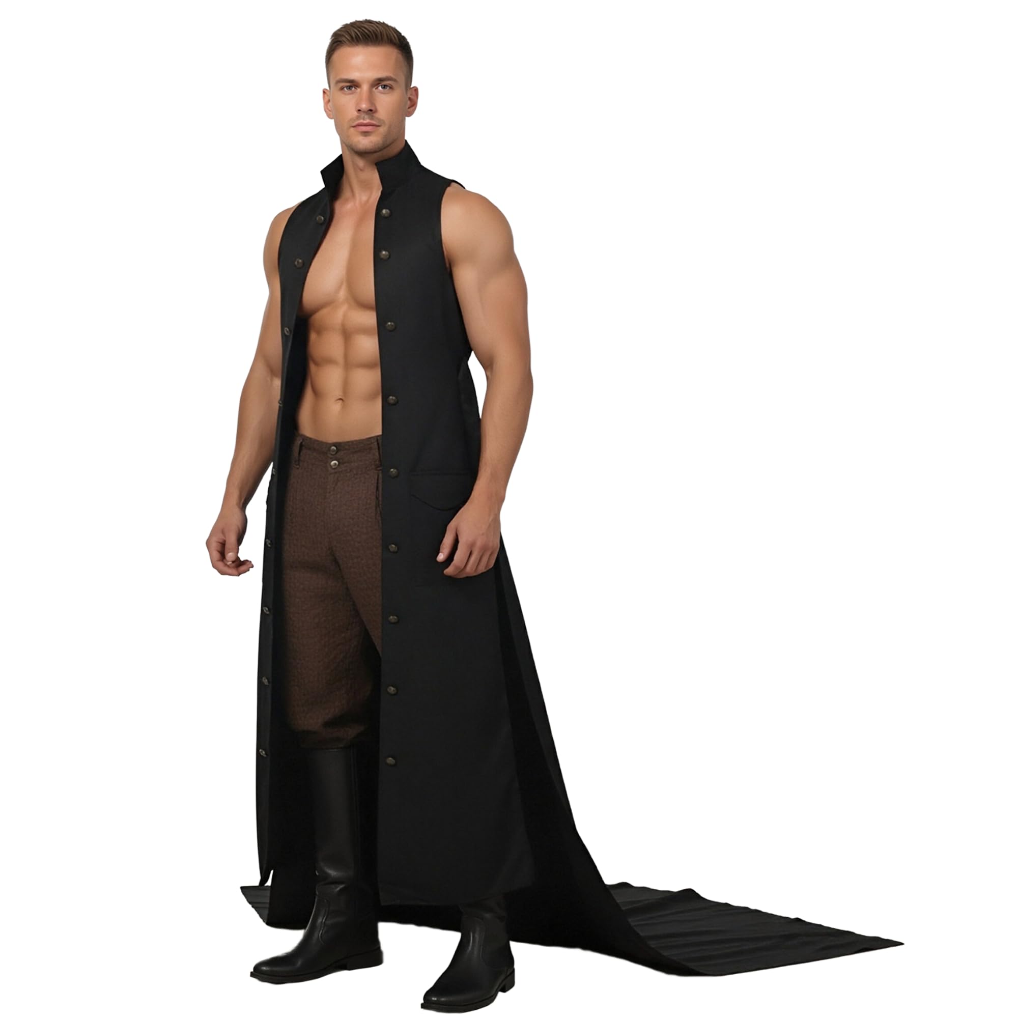 Medieval Men's Gothic Long Trench Coat, Sleeveless Button-Down Vest, Length Irregular Steampunk Cardigan Overcoat