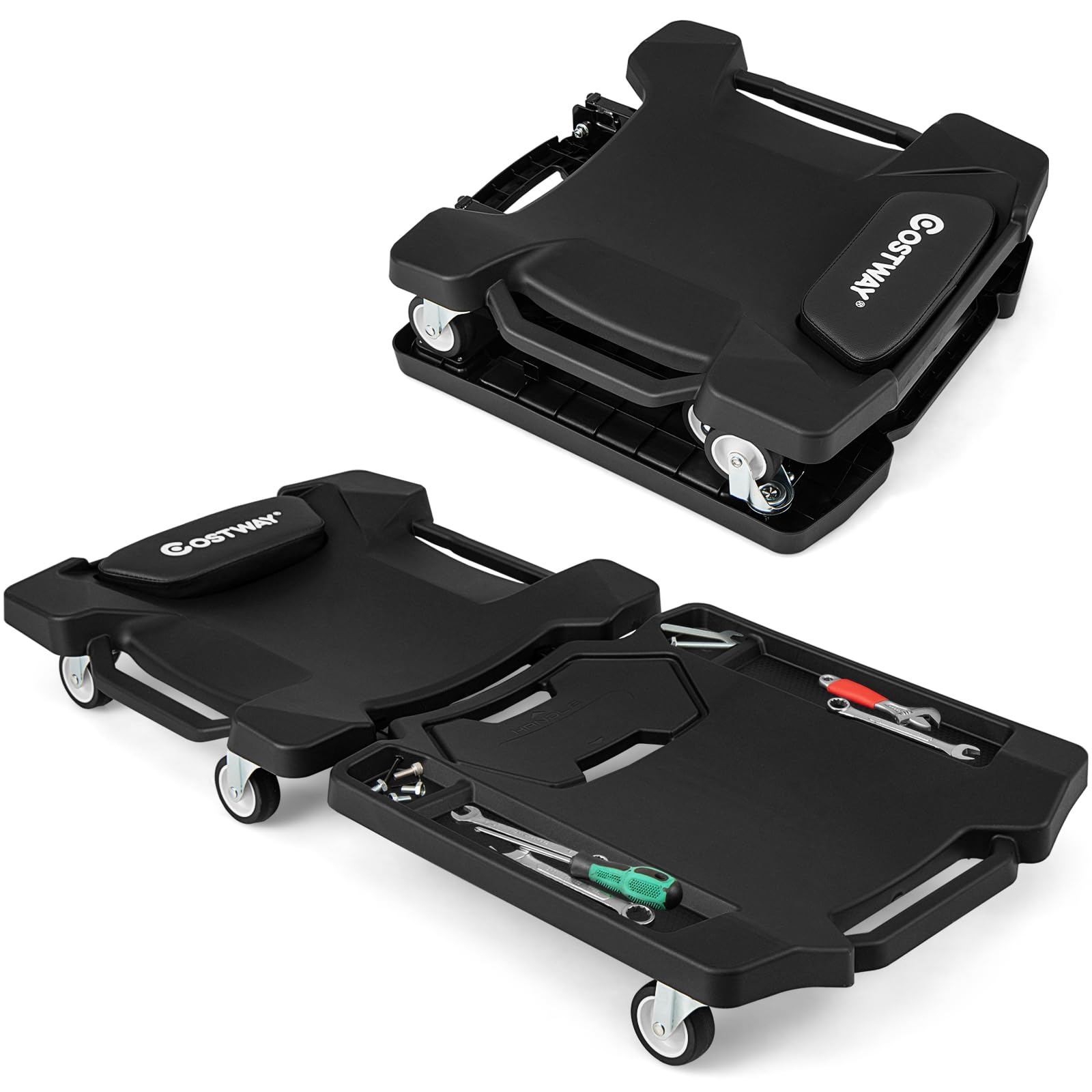 COSTWAY Camilla de Taller para Mecánicos Plegable, Plataforma de Garaje con Ruedas Universales, Reposacabezas Acolchado y Bandejas para Herramientas, Carrito Bajo para Garaje, Taller, Carga 158 kg