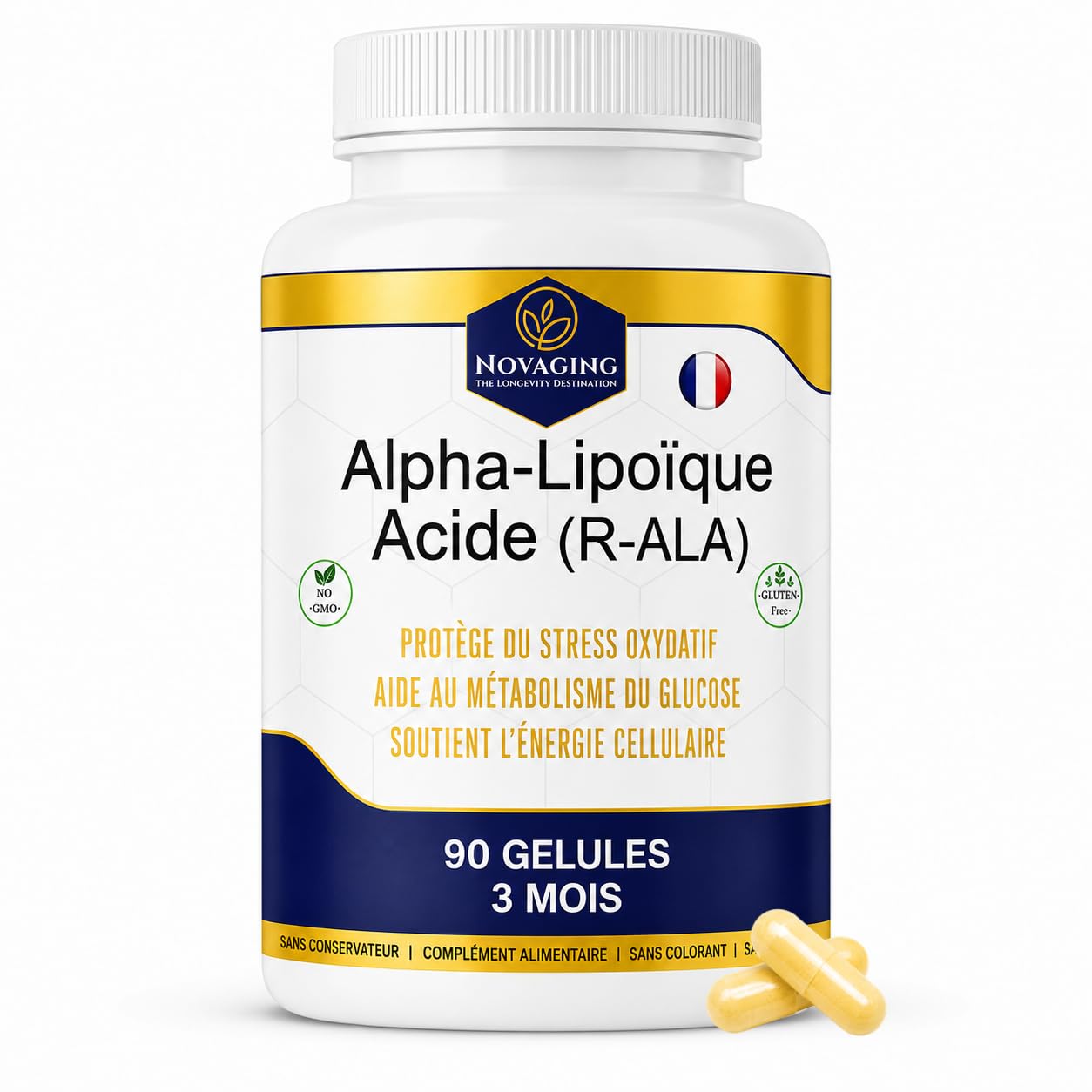 Acide Alpha-Lipoïque R-ALA 500mg 90 Capsules 100% Vegan 3 Mois de cure | R-ALA premium standardisée à 100 %, biodisponibilité élevée. Efficacité optimales. Testé sans OGM ni allergènes. NovAging®