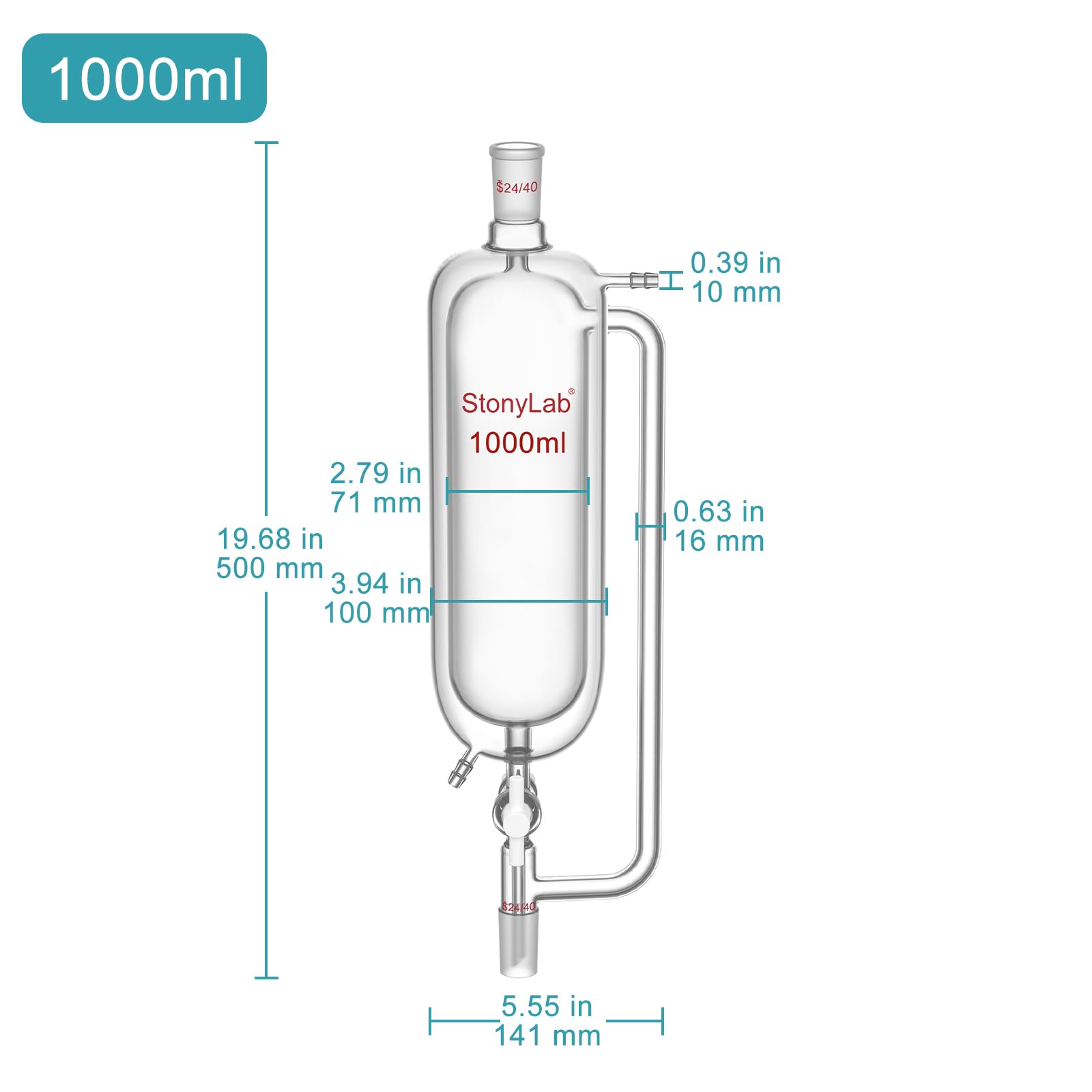 stonylab Embudo de Adición con Doble Camisa e Igualación de Presión, 1000 ml Vidrio de Borosilicato Embudo de Goteo con Unión 24/40 y Llave PTFE para Adición de Reactivos en Laboratorio
