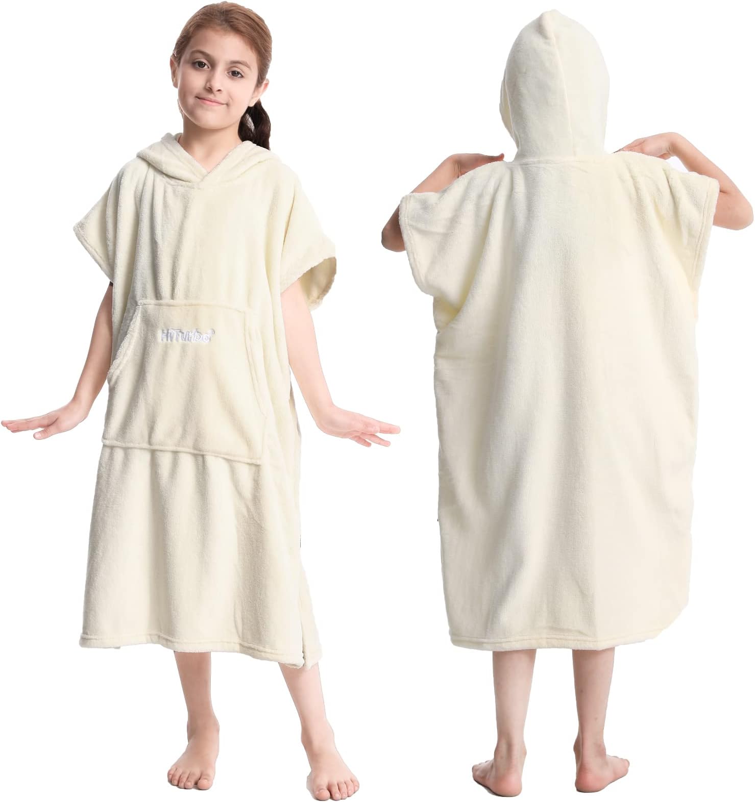 Hiturbo Kids Towel Changing Robe: Soft Plush Bath Towels - Warm Coral Fleece Hoodie - Swim Surf Poncho for 5-12 Years (Beige)