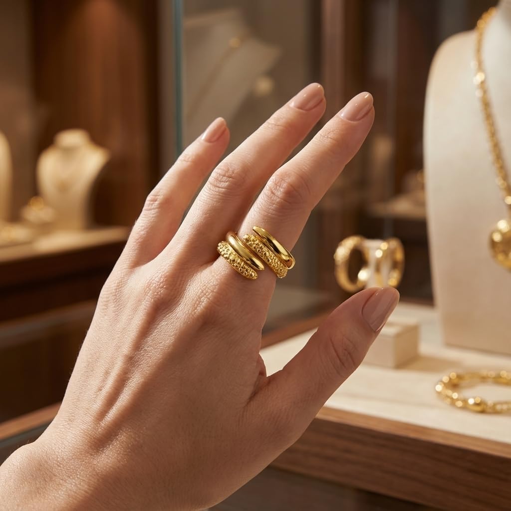 2Pcs Gold Statement Rings for Women Twisted Stackable Gold Band Ring Set Polish Wavy Fashion Trendy Stacking Rings Jewelry Gift