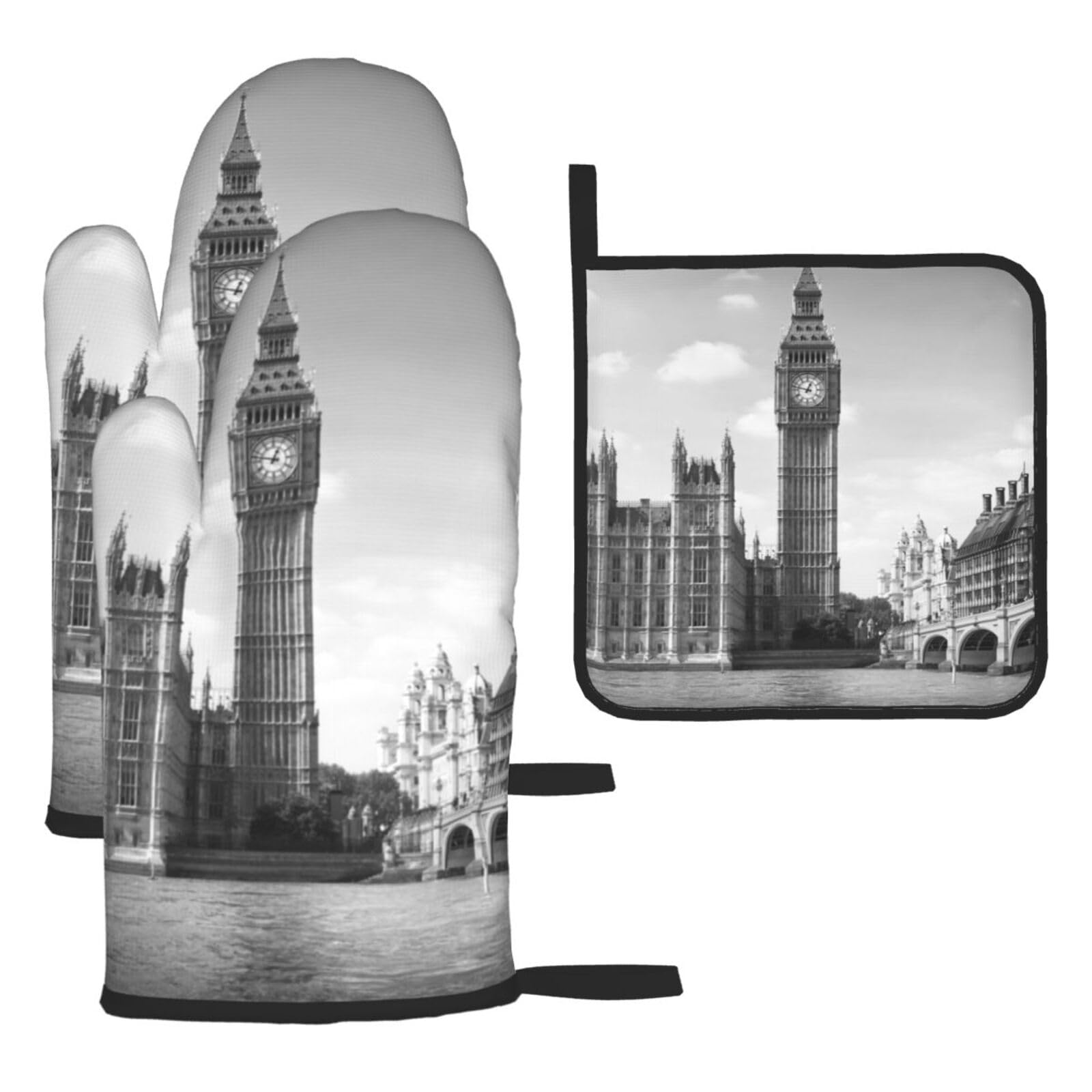 London Print Oven Set Kitchen Gloves Baking Grilling Microwaving Cooking Gift Everyday Holiday