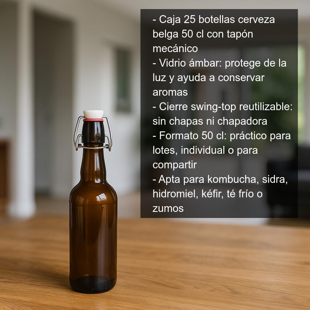 Cocinista Pack 25 Botellas Cerveza 50 cl Vidrio ámbar Estilo Belga con tapón mecánico Swing Top Reutilizable Cierre hermético para Cerveza casera Kombucha Sidra refrescos