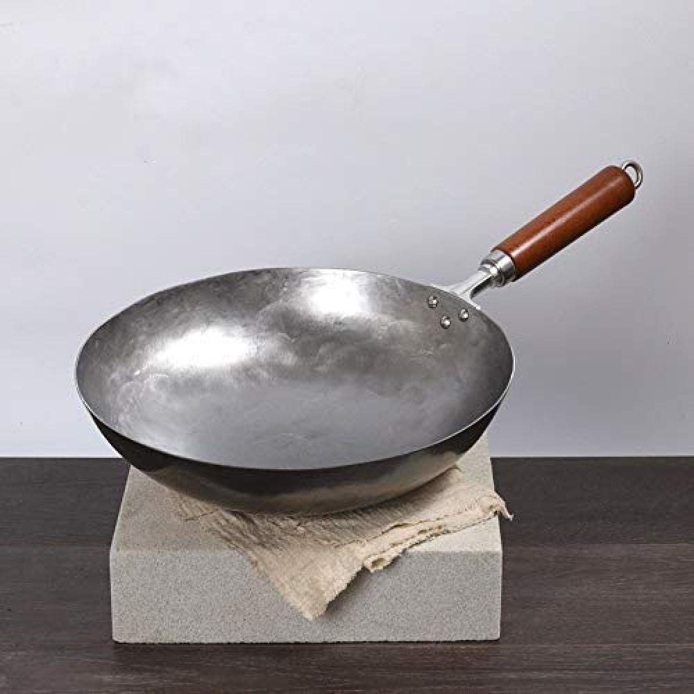 Wok Chinois Non revêtu, forgé à la Main, en Acier au Carbone, avec Manche en Bois et Anneau de Levage (Fond Rond), 34 cm