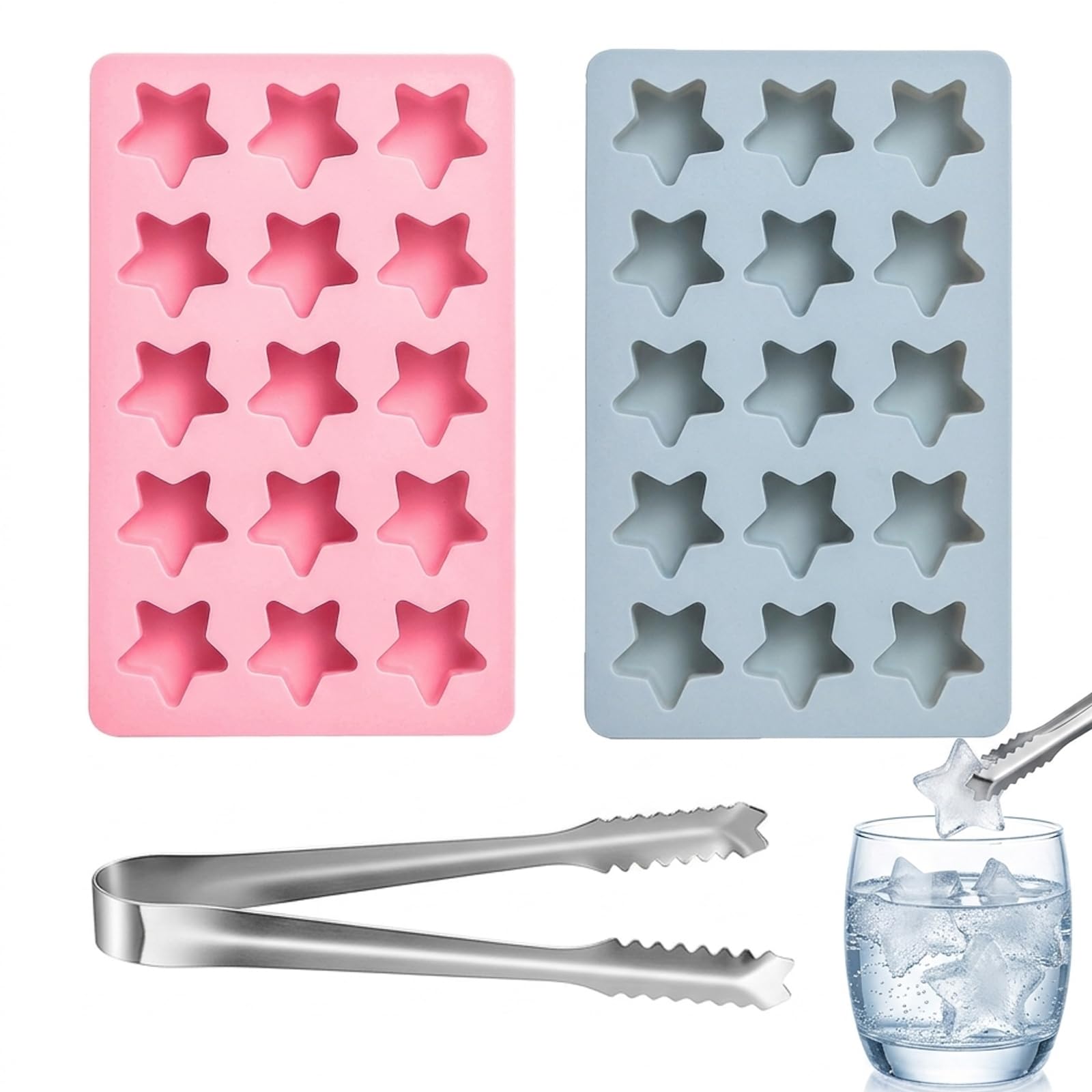 2 PCS Star Ice Cube Tray, Mini Star Ice Cube Tray, Silicone Ice Cube Tray with Ice Tongs, Two Stars-Shaped Ice Cube Moulds in Blue and Pink, Flexible Design for Easy Ice Removal, Kitchen Accessory