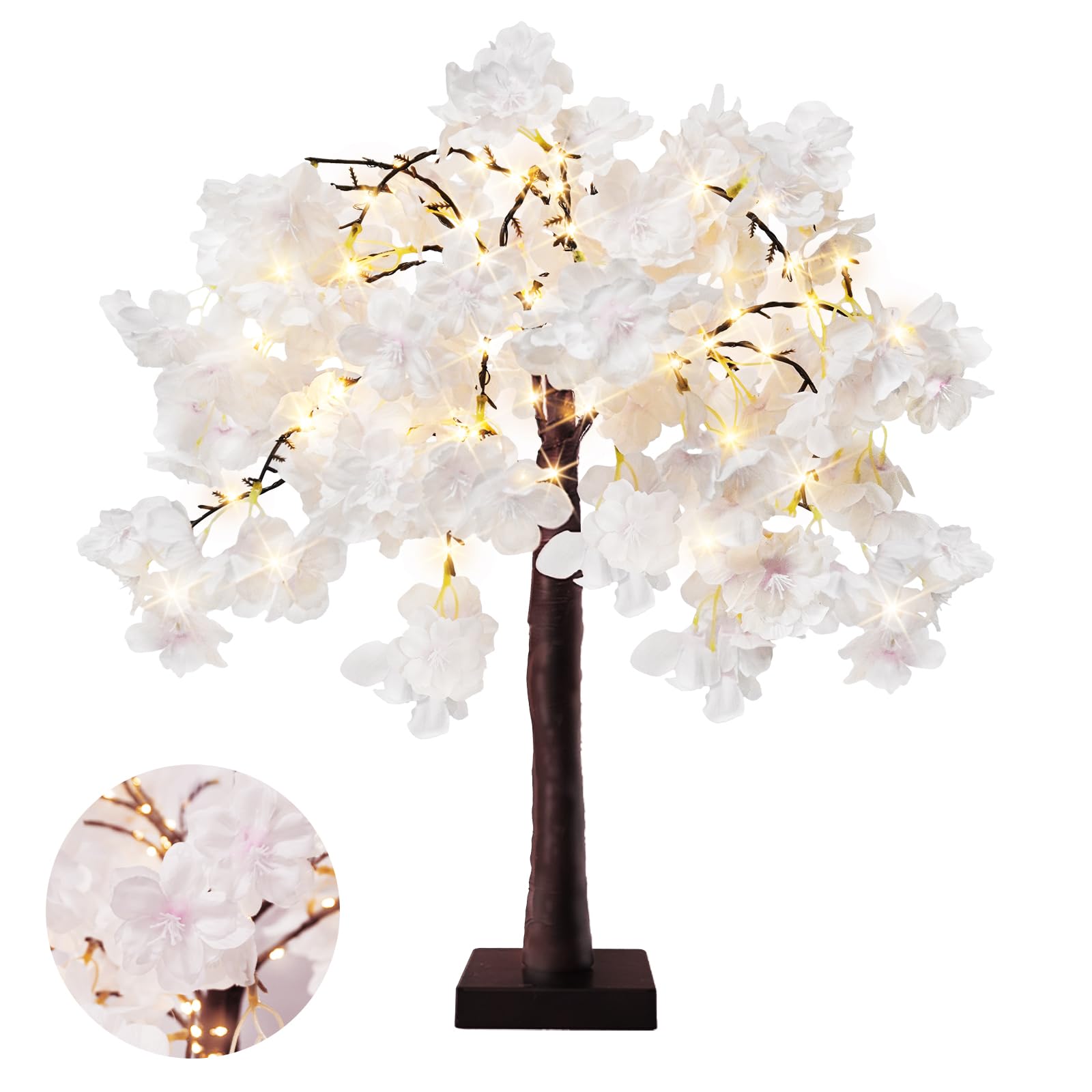 24 Inch Lighted Cherry Blossom Tree with 24 Fairy Lights Artificial Bonsai Flower Tree with Timer Battery/USB Operated Pink Light Up Tabletop Tree for Spring Wedding Party Indoor Outdoor Decor