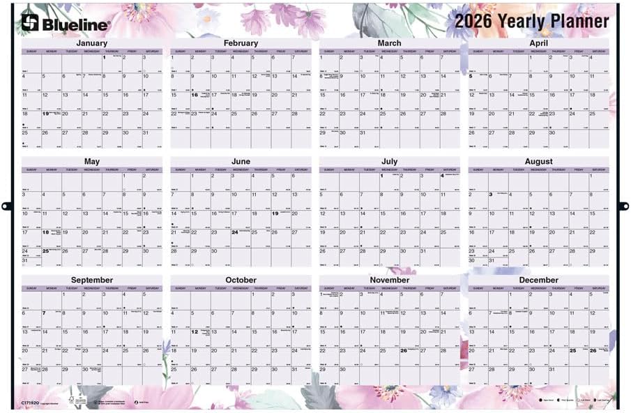 Blueline® 2026 Colorful Yearly Wall Calendar and Planner, Erasable/Laminated, 12 Months, January to December, Reversible - Horizontal/Vertical, 24" x 36", Passion (C171920-26)