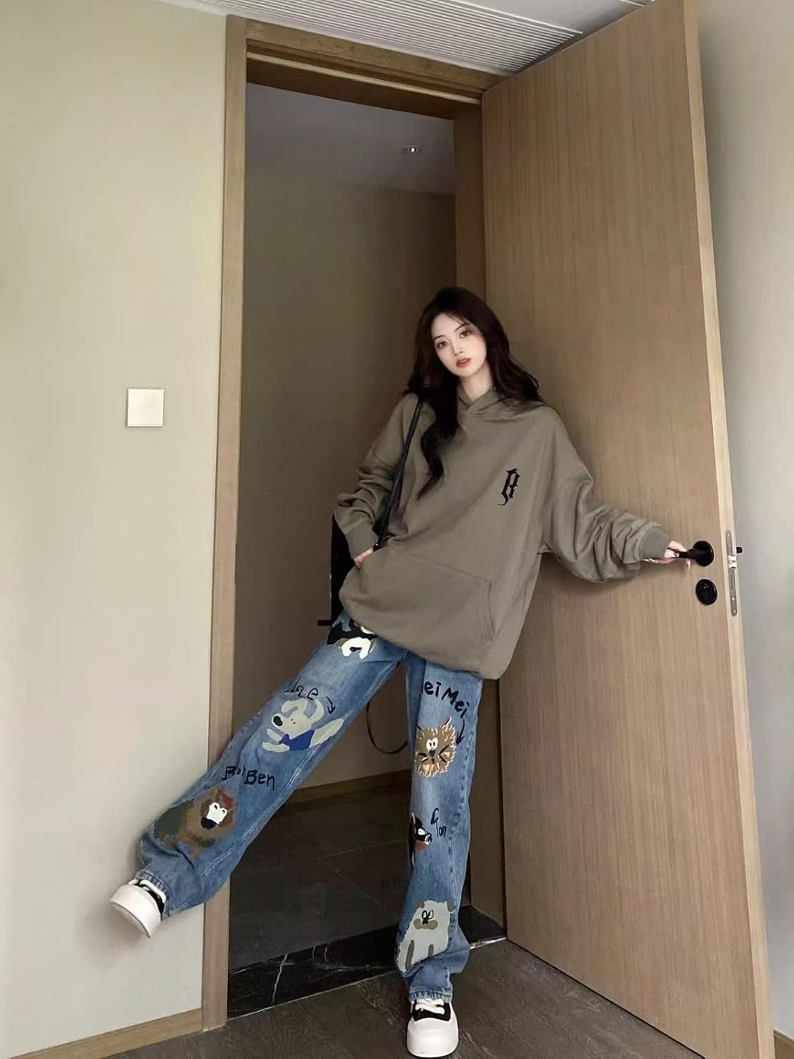 American Retro High Street Graffiti Jeans, Women's Design Sense, Niche Straight-Leg Loose Wide-Leg Pants, Trendy