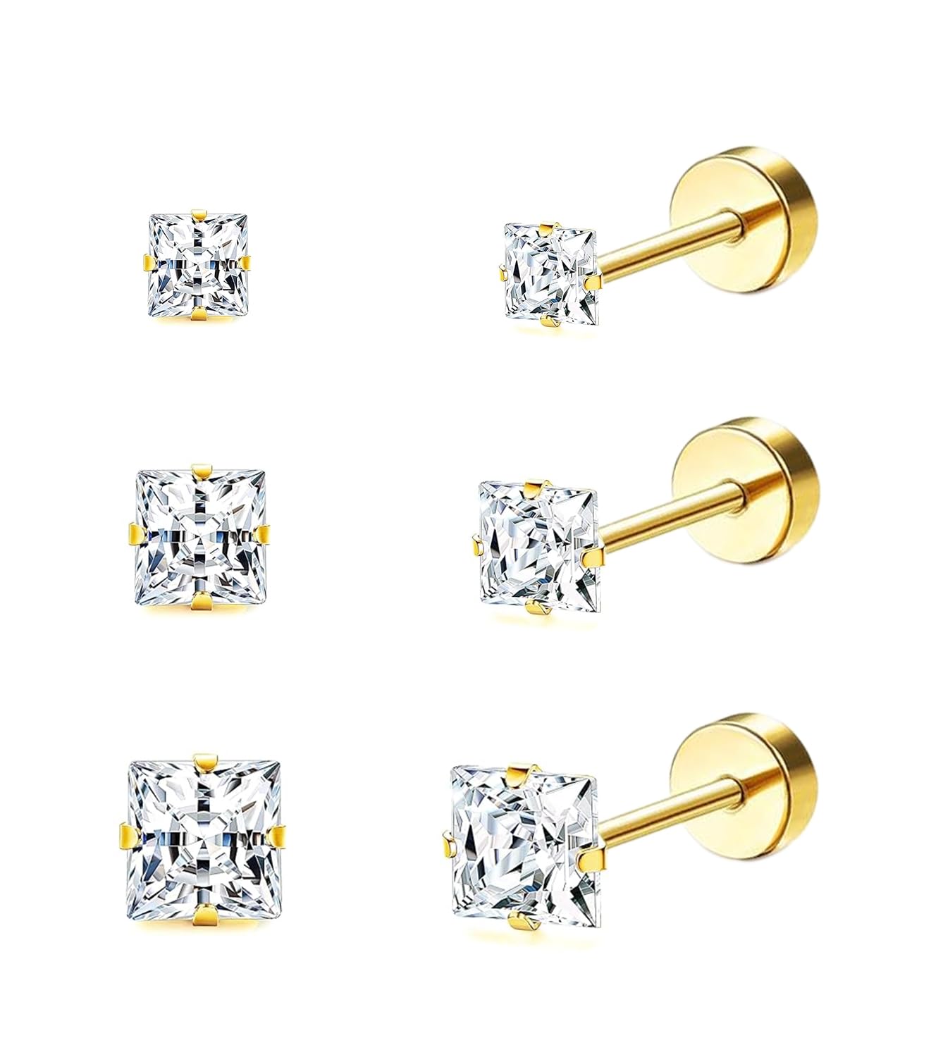 Surgical Steel Studs Earrings for Women Men,Hypoallergenic Silver 14K Gold Plated Stainless Steel Square/Heart/Five-Point Star Shape Cubic Zirconia Studs Earrings for Sensitive Ears Cartilage Helix Piercing