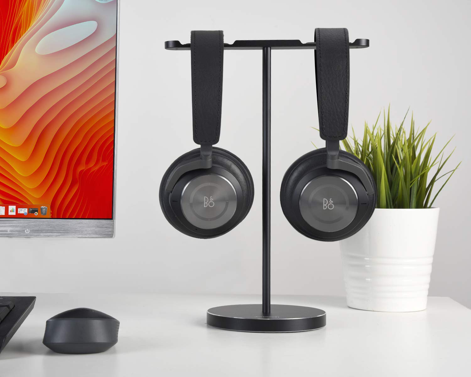 Jokitech - Soporte universal de aluminio para dos pares de auriculares, diseño moderno, ideal para escritorio, permite colocar auriculares de videojuegos de todos los tamañosAuriculares