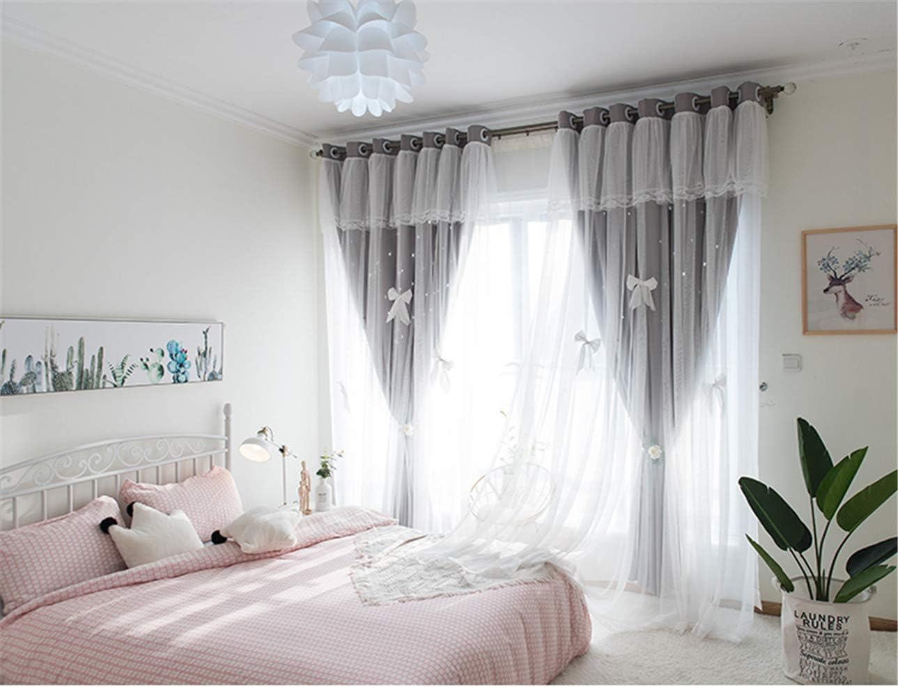 Double Lace Blackout Curtains Stars Korean Curtains Pink Bedroom Living Room Window Curtains Princess Style-Pink 300x270cm(118x106inch) (Green 250x270cm(98x106inch) VersionA)