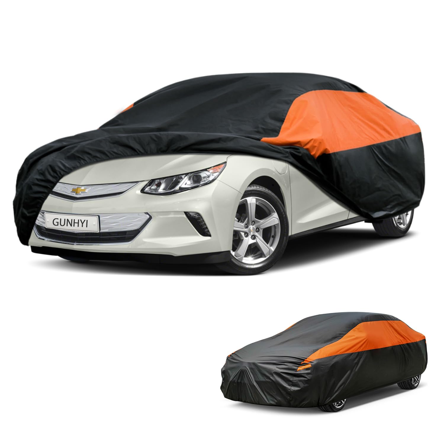 GUNHYI Waterproof Sedan Full Car Cover Custom Fit Chevrolet Chevy Volt | All‑weather Outdoor sun/rain/dust/snow/wind/UV protection, breathable lightweight fabric, black‑orange design,storage bag