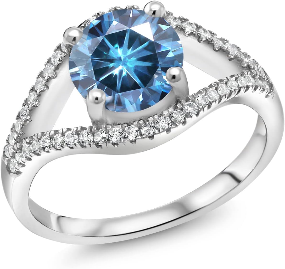 Gem Stone King 925 Sterling Silver Round Persian Blue Moissanite Engagement Ring For Women (2.40 Cttw)