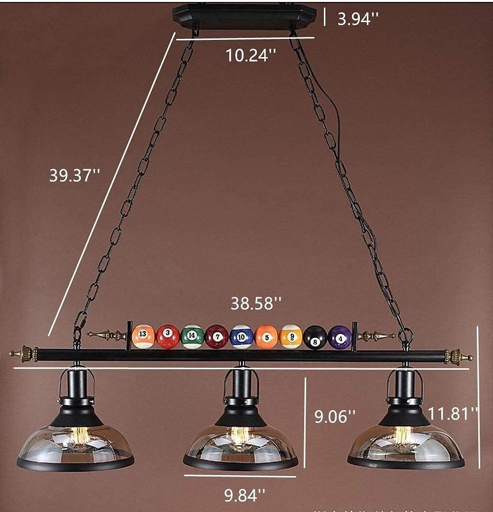 Industrial Pool Table Light, Rustic Billiards Chandelier, Farmhouse Bar Island Lighting, 3-Light Clear Glass Shade Hanging Lamp with Billiard Balls, 38.58" Long for Restaurant