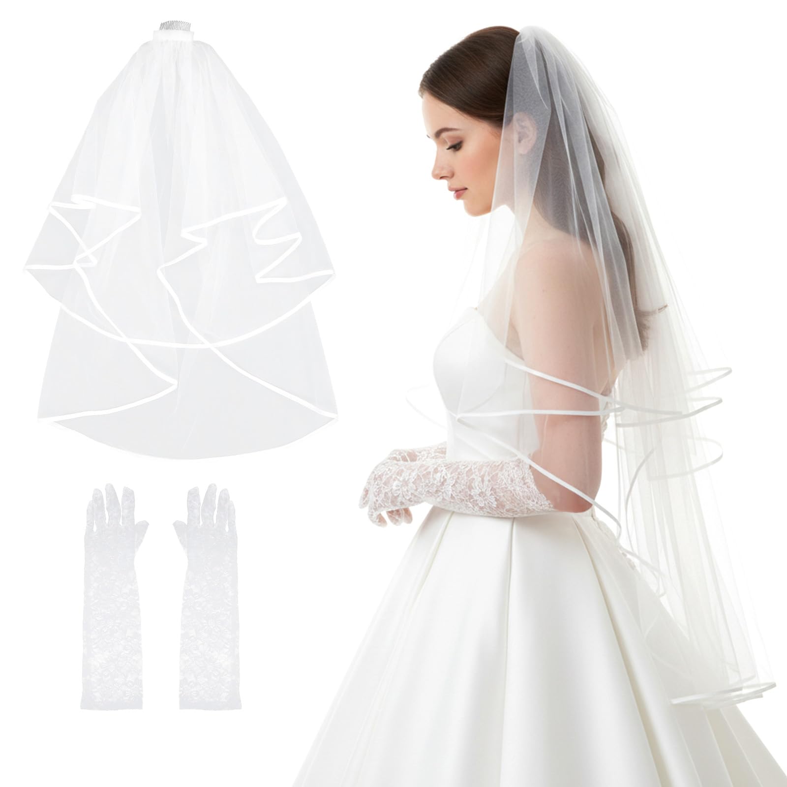 Matwsec 2pcs Wedding Veil for Brides, Bridal Veil, Veils with Gloves for Women Wedding White Bridal Veils with Comb for Bachelorette Party