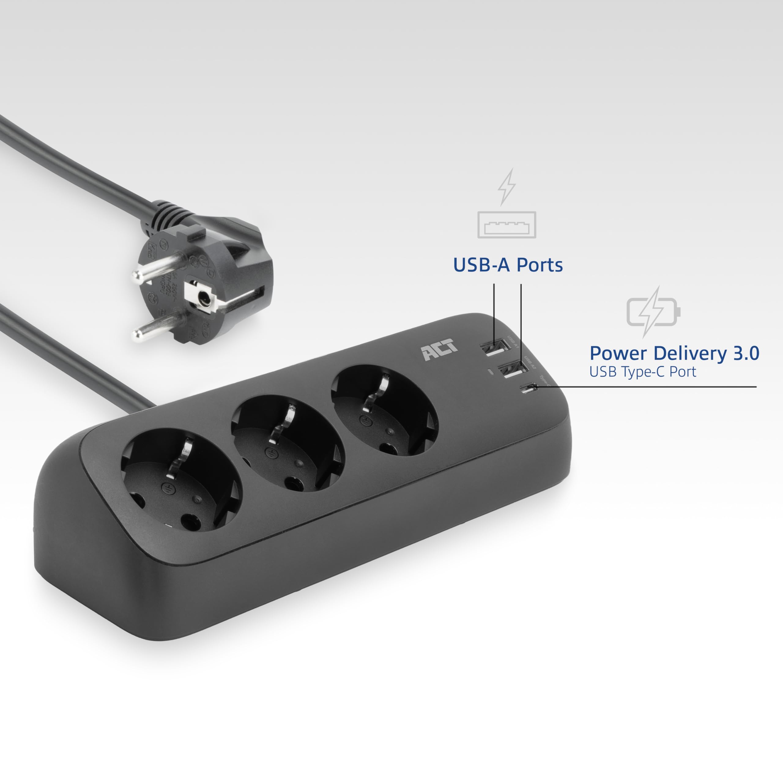 ACT Ciabatta da scrivania con 3 prese di tipo F, 30 W Power Delivery, porte USB di tipo C/A, cavo 1,5 metri AC2480