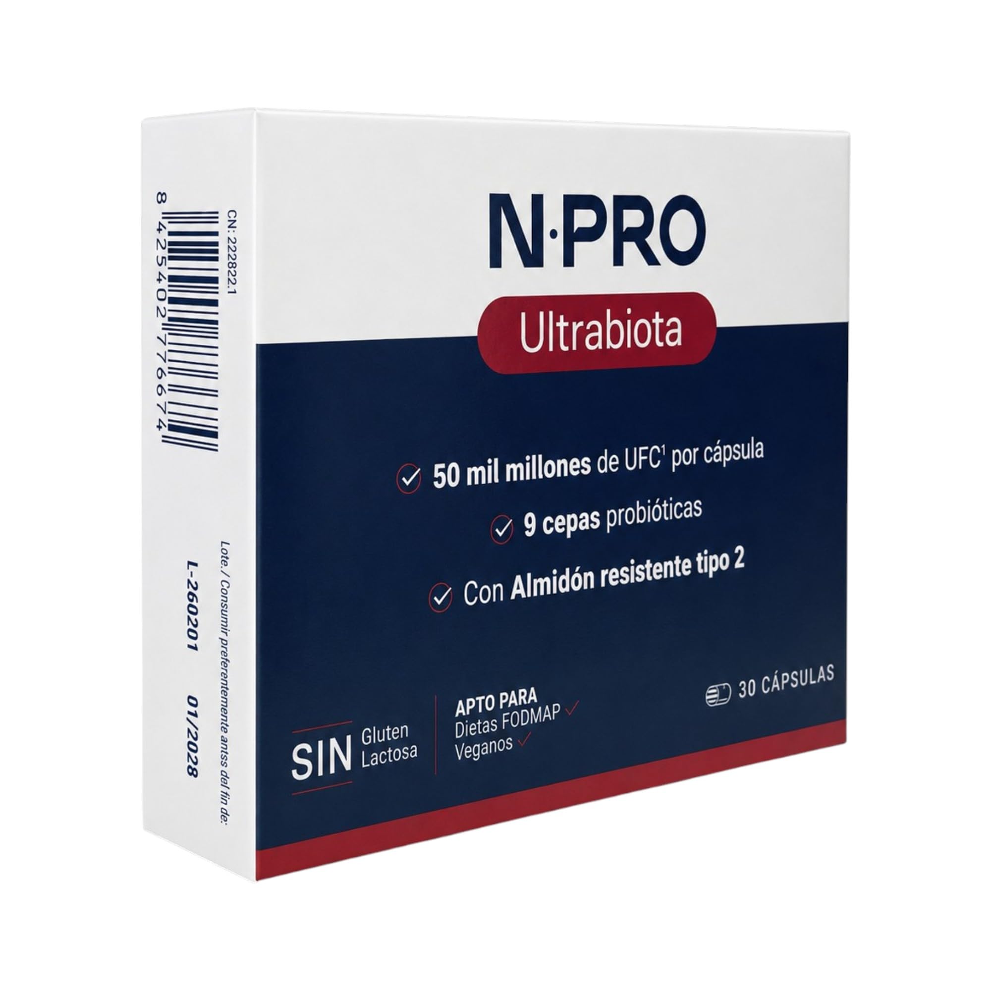 NPro SALUD INTESTINAL Ultrabiota 30 Cápsulas Probiótico de Alta Carga | 9 Cepas Probióticas, 50.000 Millones UFC, Almidón Resistente Plátano, Acción Intensiva para Recuperación