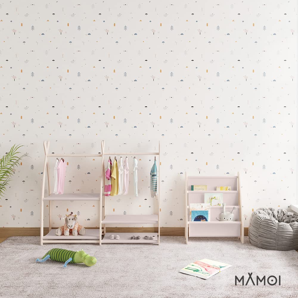 MAMOI® Bücherregal Kinder – Kinderregal mit Stofffächern, Bücher-Organizer für Kinderzimmer Möbel, Büchergestell freistehend zur Aufbewahrung von Büchern, Bücherkiste aus Holz