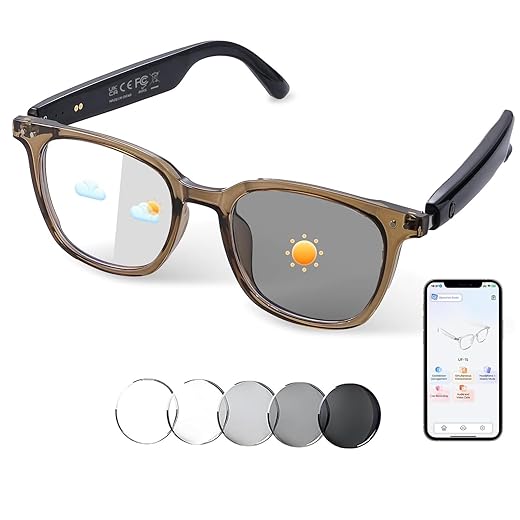 AI Smart Glasses, Bluetooth Translation Glasses for Men Women, Smart Audio Sunglasses with Real Time Translation(160+Languages), Photochromic Lenses, Music Blue Light Glasses for Travel Business-Brown