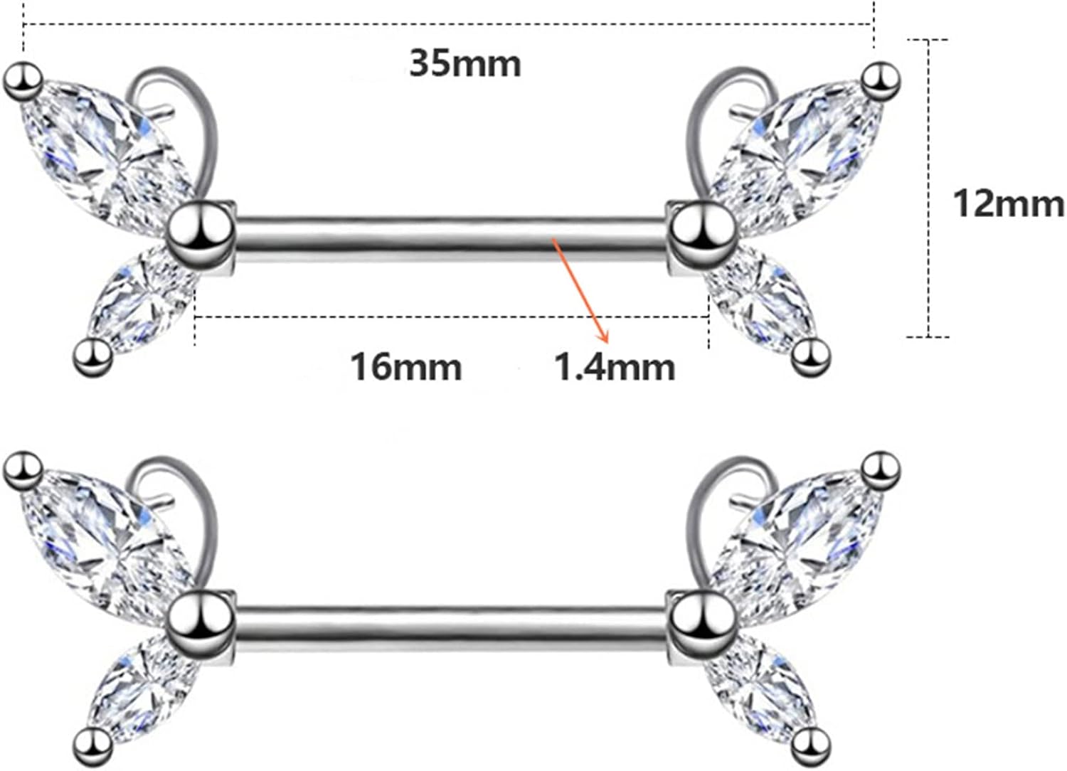 BODYA 2Pcs 1 Pair Stainless Steel Nipple Rings Nipple Nails with Cute Double Cubic Zirconia Butterfly Wing Bar Straight Barbell Body Piercing Jewelry for Women Girls - Image 4