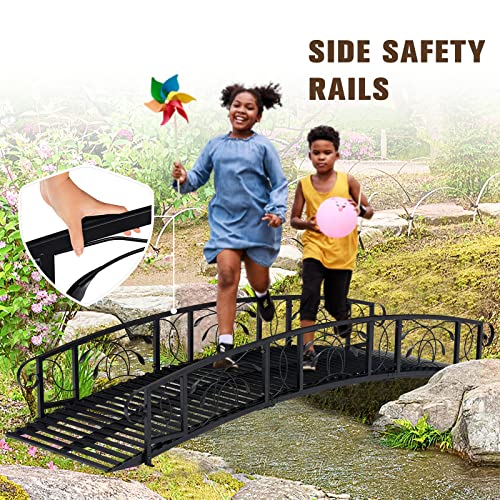 Kinsunny 8 Ft Metal Garden Bridge with 2 Safety Patterned Siderails Outdoor Decorative Iron Garden Arch Footbridge for Pond, Creek, Stream