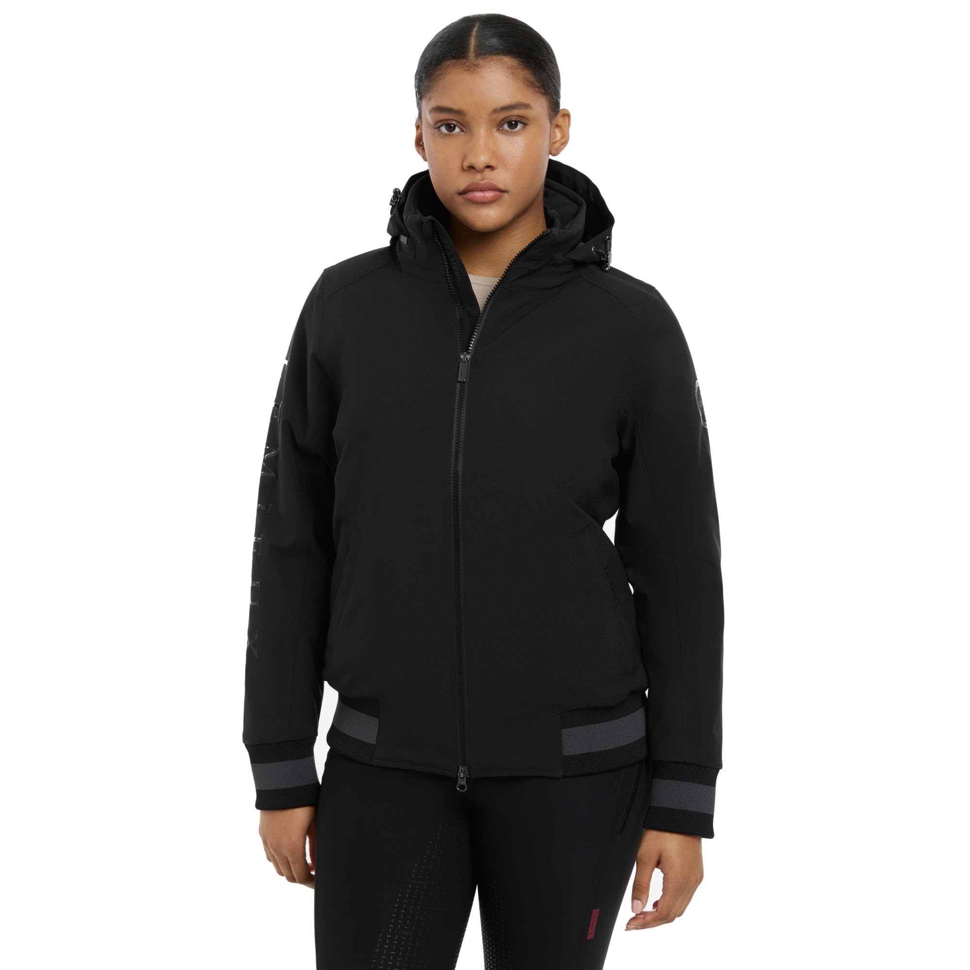 LeMieux Chaqueta de equipo para mujer, impermeable, capucha plegable, cremallera bidireccional
