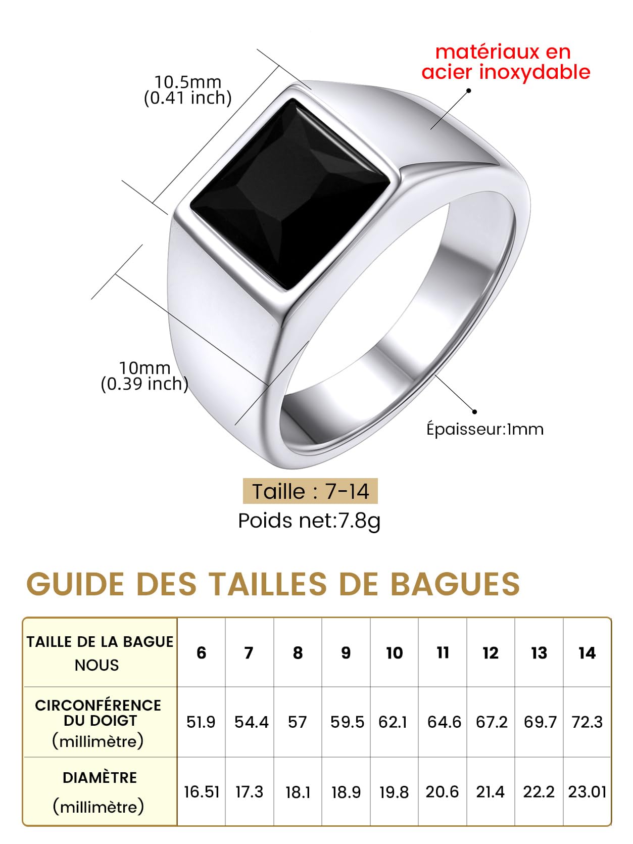 GoldChic JEWELRY Bague Solitaire Homme en Acier Inoxydable/Plaqué Or, Chevalière avec Pierre Bleue/Noire en Cristal, 8 Tailles Disponibles