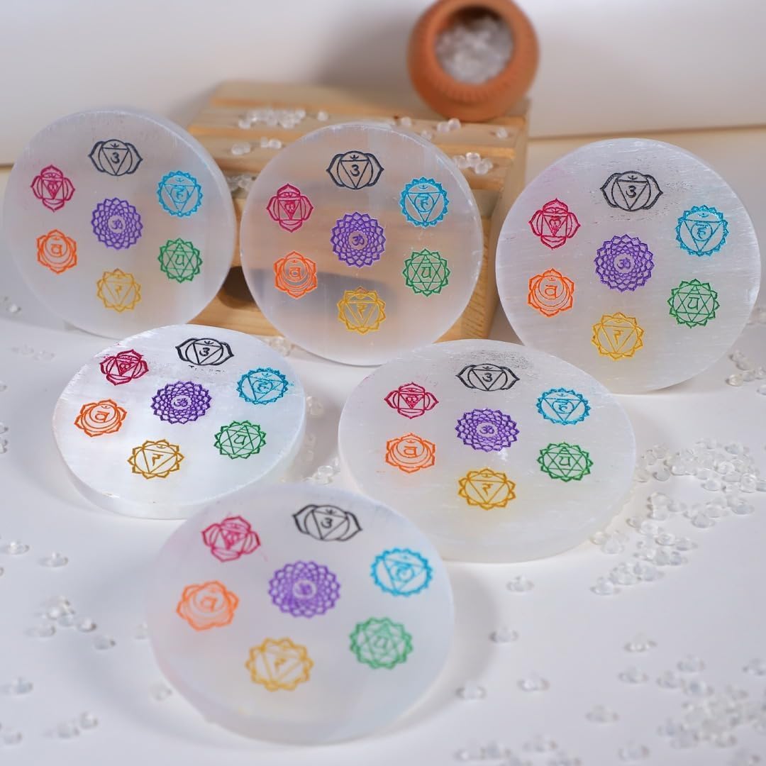 Selenite Seven Chakra Crystal Charging Plate Round 3 Inch Natural Crystal Plate for Crystal Storage Meditation Altar Reiki Practice Chakra Decor Spiritual Accessories Pack of 1