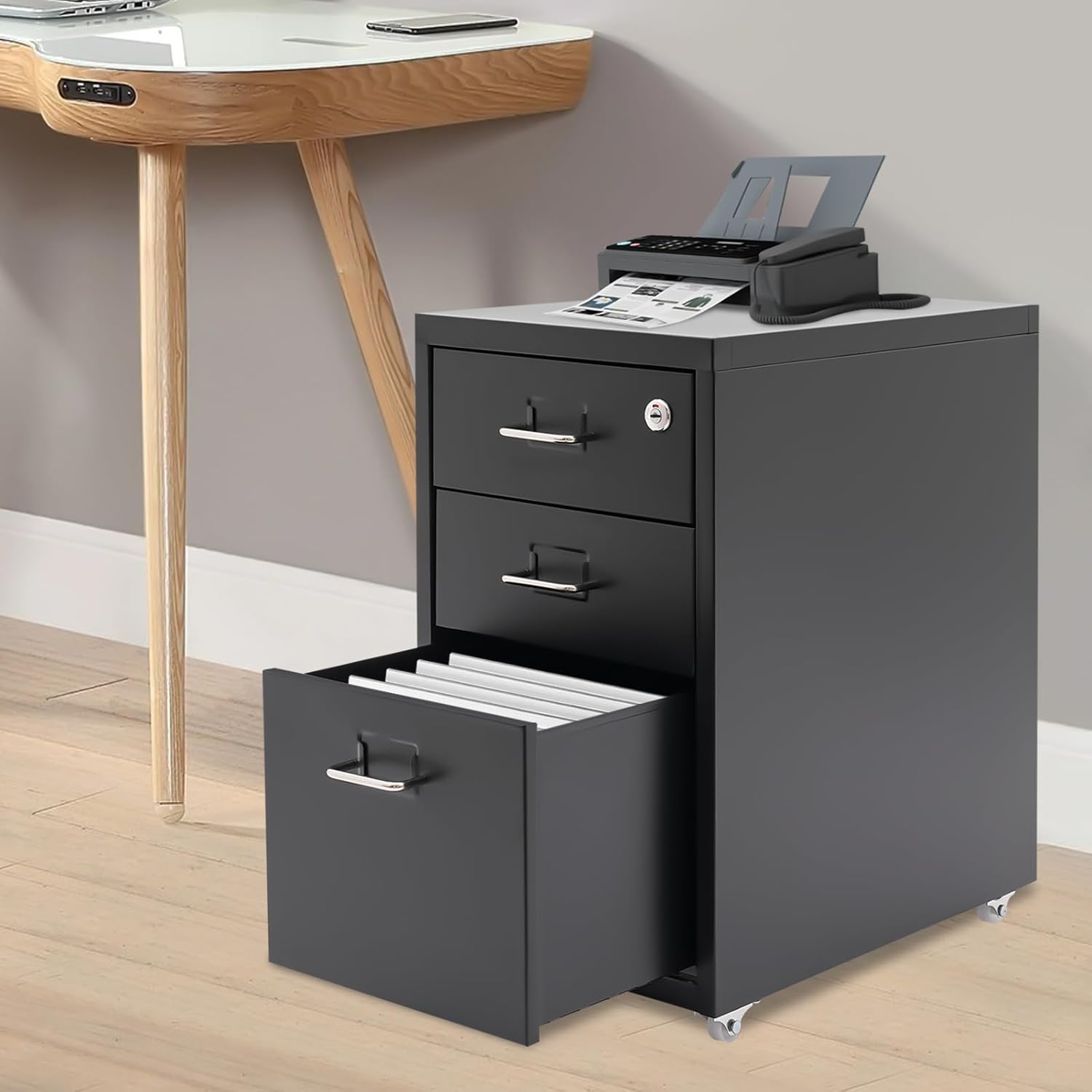 3-Drawer Locking File Cabinet on Wheels｜Mobile Vertical Storage with Key Lock for Home Office｜Under Desk Rolling Organizer｜Heavy-Duty Steel File Cabinet (Black)