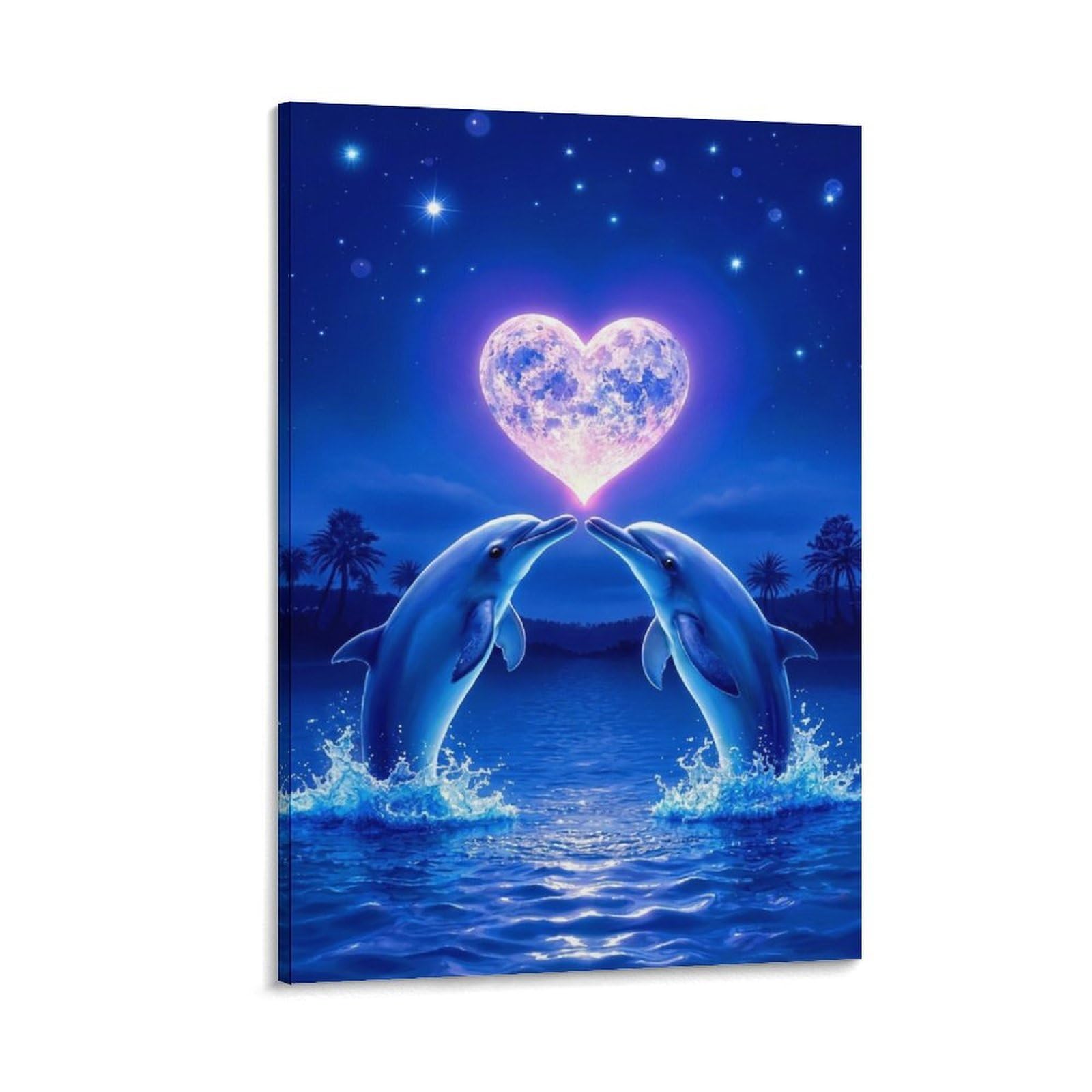 DHBANEIOK Dolphin Love Night Poster Artwork Giclee Canvas Prints Modern Canvas Wall Art Picture Wall Hanging for Bedroom Living Room Decor 12x18inch(30x45cm)