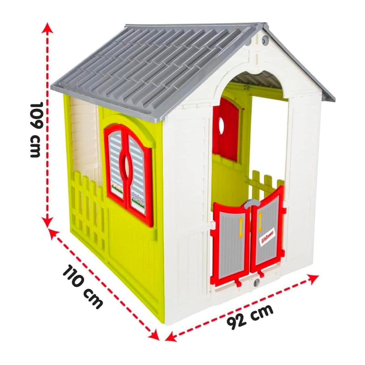 Casetta da Giardino per Bambini, Pieghevole, Design Cottage con Tetto Grigio, Pareti Bianche e Gialle