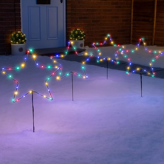 CHRISTOW Star Pathway Lights, Outdoor Christmas Path Stake Decorations, Flashing Multi Coloured Micro LED, Mains Powered (4 x 50cm)