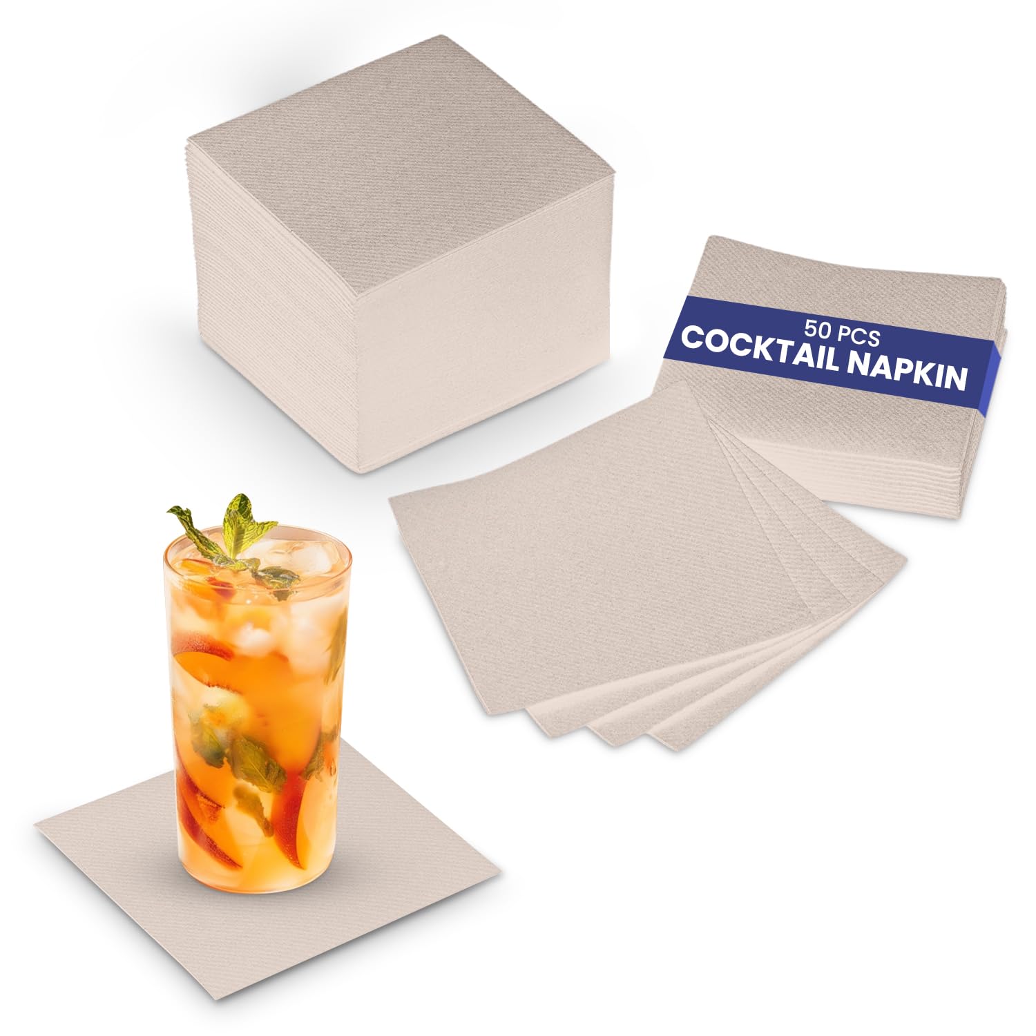 SNH Packing Square Shape 2-Ply Disposable Cocktail Napkin 50-Pieces, 33 cm x 33 cm Size, Brown