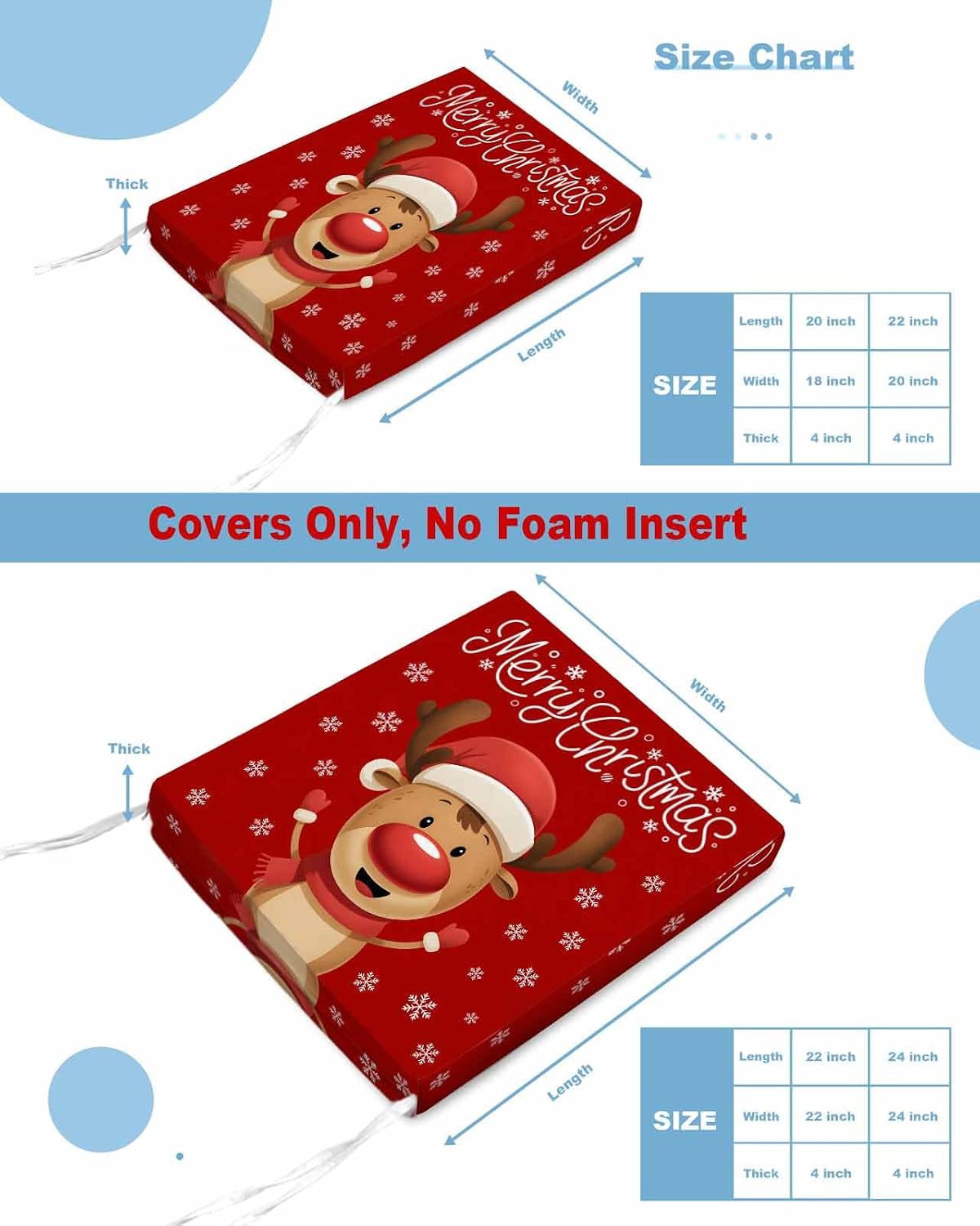 4 Pack Chair Cushion Covers Removable, Merry Christmas Outdoor Waterproof Seat Cushion Slipcovers, Red Winter Xmas Cartoon Deer Snowflake Sofa Couch Seat Cover Furniture Protector, 20"x18"
