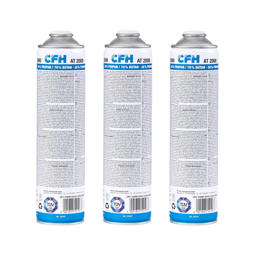 CFH Universaldruckgasdose AT 2000 – 3 Stück, Druck Gas Dose mit Anschraubgewinde nach DIN EN 417, Propan/Butan-Gasgemisch (30%/70%), 3X Inhalt 330 g, Für Gasgeräte mit Schraubanschluss nach DIN 521
