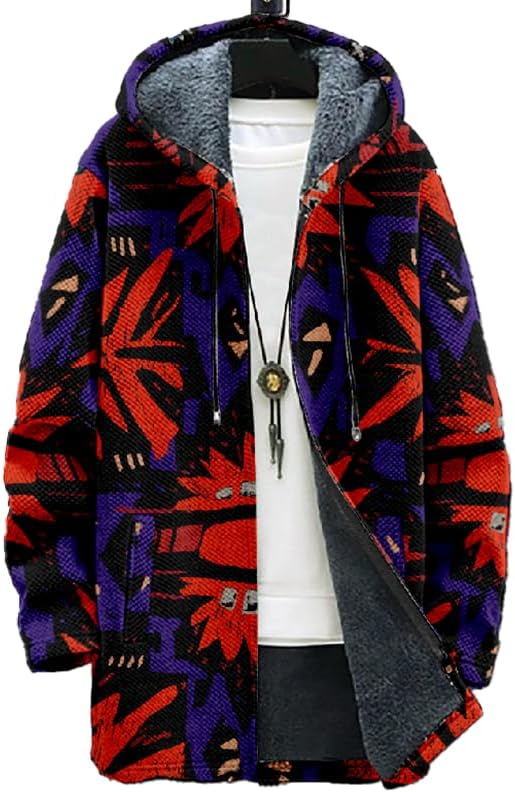 Mens Cardigan Sweatshirt Vintage Print Zip Up Fleece Sherpa Lining Hooded Jacket Wa...