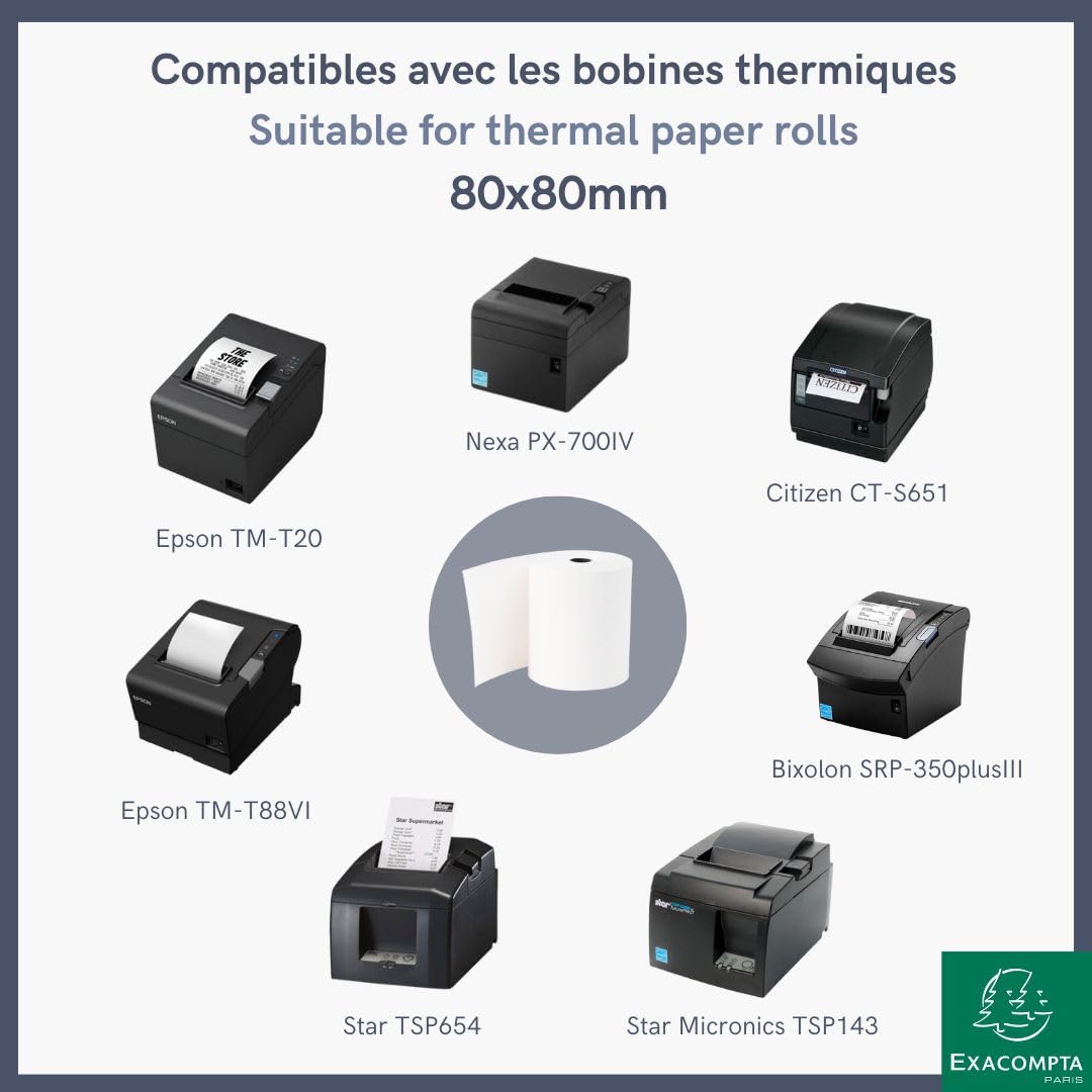 Bobines caisses Exacompta 43817E - l 80 mm x L 76 m, Ø 80 mm - 1 pli(s) - paquet de 10