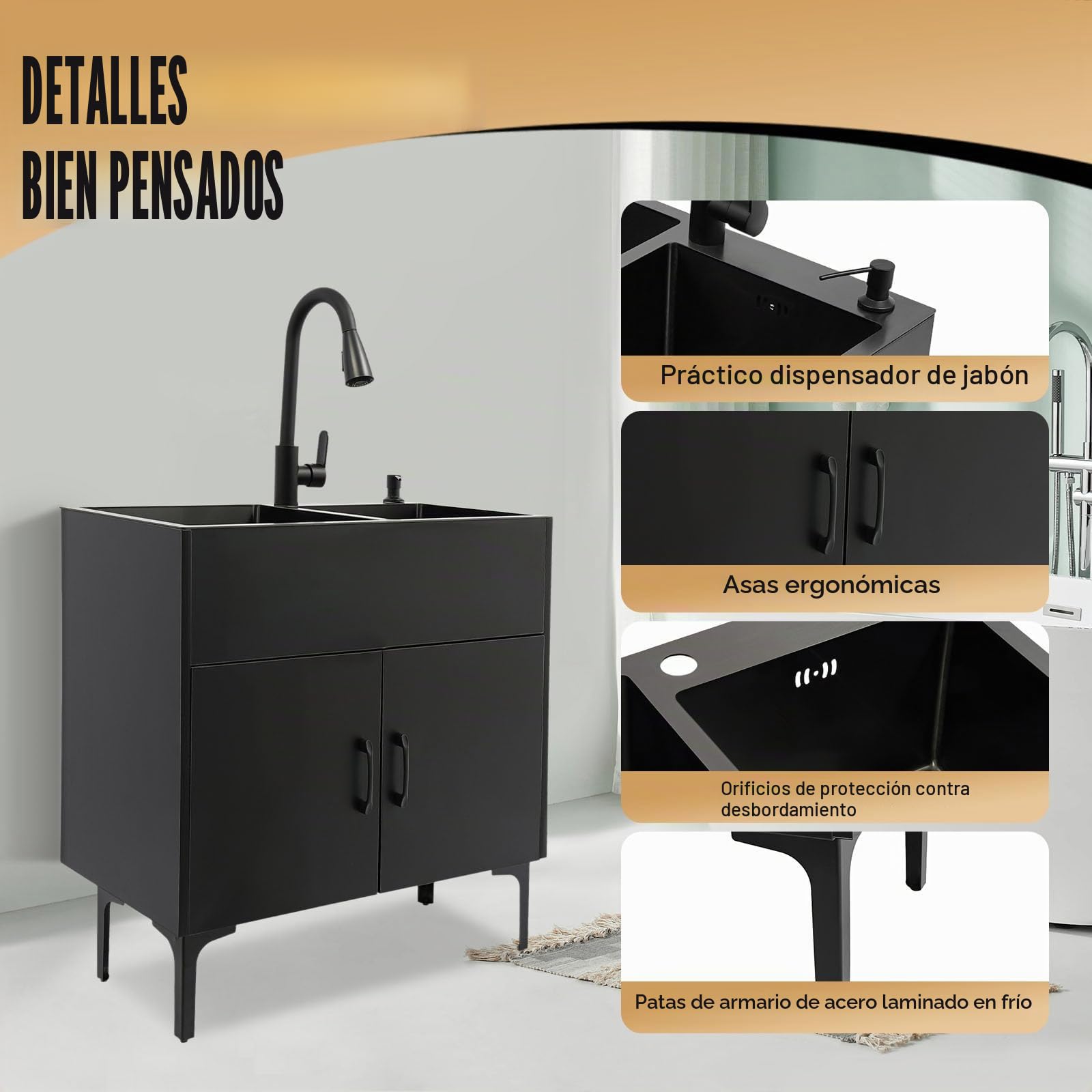 Fregadero de cocina independiente con armario y grifo extensible, 75 x 41 x 78 cm, acero inoxidable, comercial, fregadero doble con cesta de drenaje y unidad de desagüe para cocina, lavandería/negro