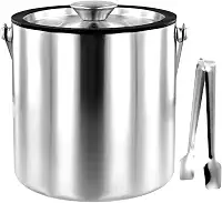 Balde de gelo isolado de aço inoxidável de parede dupla 2,0L/3,0L com tampa e peneira de gelo mantém o gelo frio e seco, alça de transporte e com tampa de silicone para garrafa de vinho (silicone 2L)