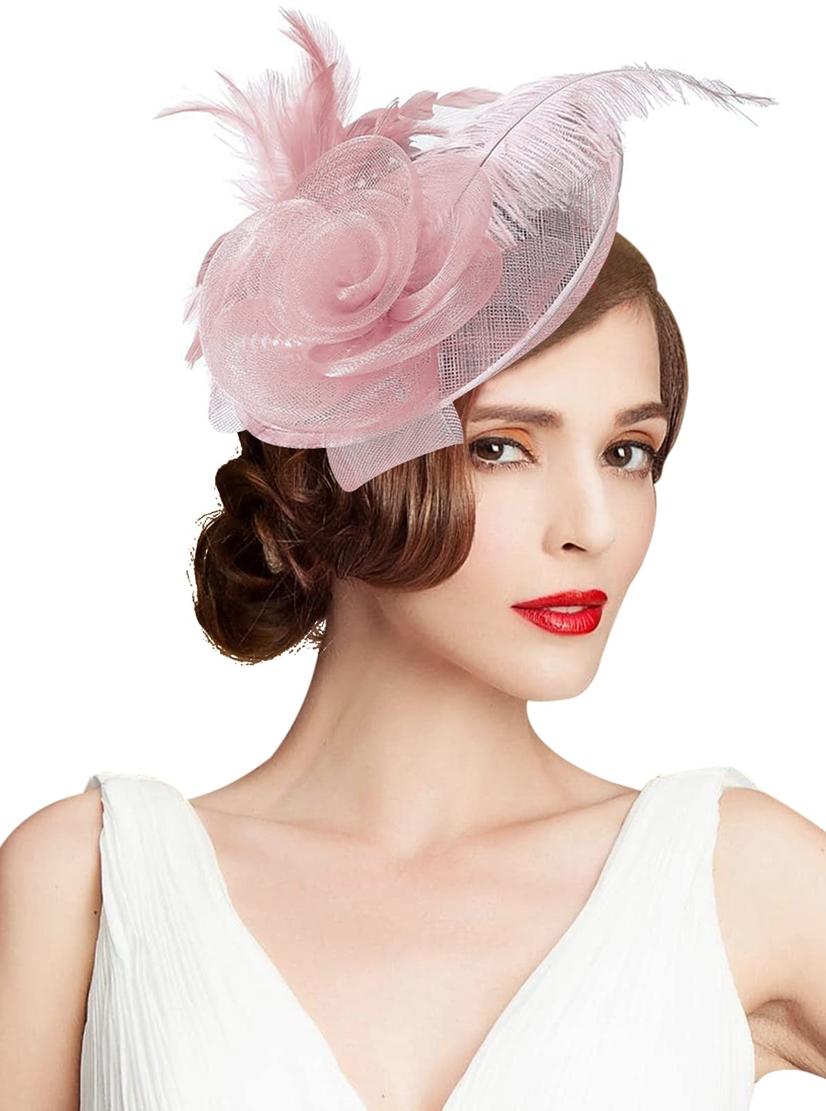 Z&X Sinamay - Tocado para mujer, con clip de malla, diseño de flores, plumas, cóctel, pastillero, color rosa nude, talla única, 01 rosa nude, Talla única