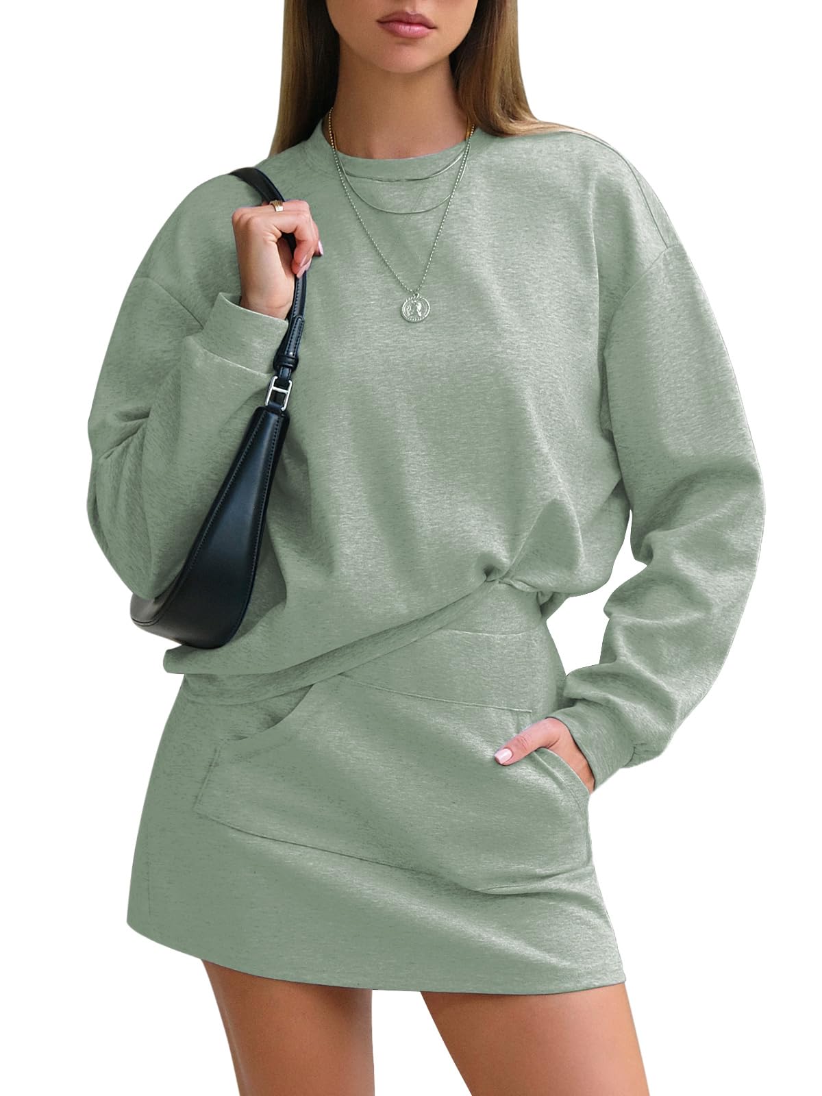 EXLURA Women 2 Piece Skirt Set Airport Outfits 2026 Cotton Travel Sweat Suit Casual Lounge Crewneck Sweatshirt Skort Sets