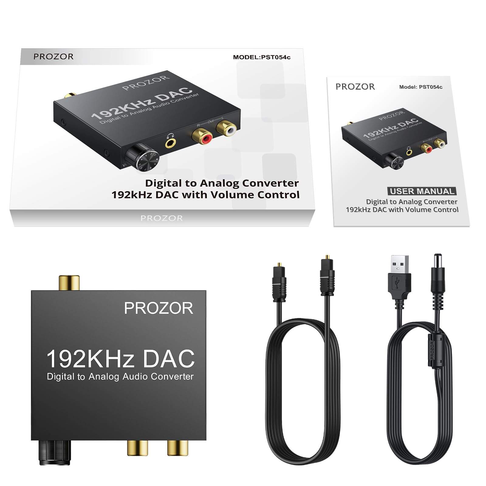 PROZOR DA Wandler 192kHz DAC Konverter Lautstärkeregler Digital SPDIF optischer Koaxial Toslink zu Analog Stereo Audio L/R RCA 3,5 mm Klinkenstecker
