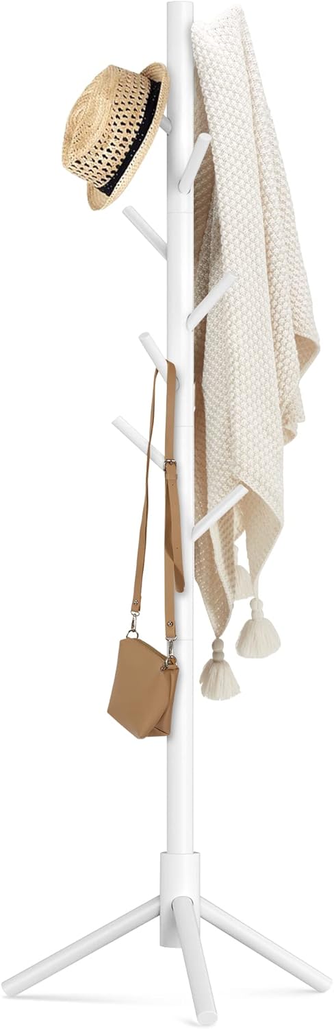 Haddockway Wooden Coat Rack Stand with 8 Hooks New Zealand Pine 3 Adjustable Coat Standing Tree Easy Assembly for Coats, Hats, Scarves and Handbags for Entryway, Hallway, Bedroom, Office, white White 1 PC
