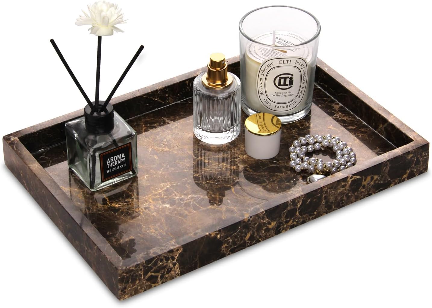 Bandeja de tocador de baño de mármol, bandeja decorativa de piedra natural para llaves, café, perfume, joyas, maquillaje, verde negruzco, 30,5 x 12,7 x 3 cm, marrón oscuro, 30,5 x 20,3 x 3 cm