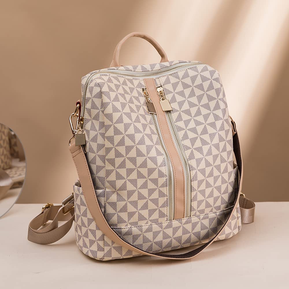 Damen Rucksack Leder mit Wallet, Lederrucksack Diamantmuster mit Schultergurt als Umhängetasche, Elegant Stilvoll Tasche Backpack Große Mode Bag für Arbeit Schule Reise