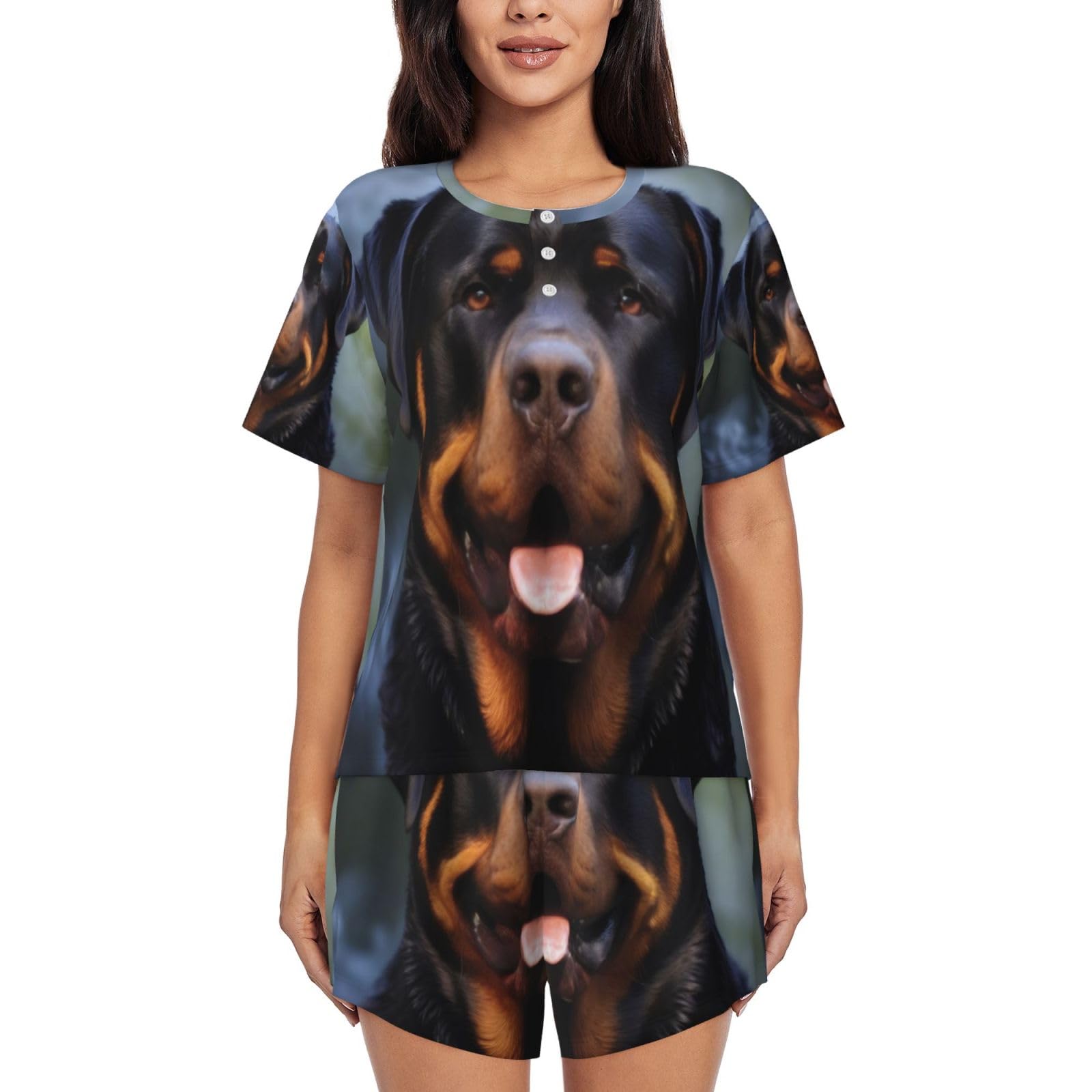 Bktraverpt Women's 3D Printed Pattern Cute Rottweiler Wallpaper Short-Sleeved Pajama Set - Soft Button Down Sleepwear Loungewear, Round Neck Nightwear Summer Pjs Sets With Pockets Drawstring